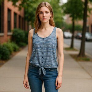 * KINA Blue Print Tie Front Tank Crop Top Blouse Ladies Juniors XS